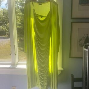 BOOHOO•Lime Green Strap Cowl Neck Midi Dress w/ Long Sleeve Duster US 10